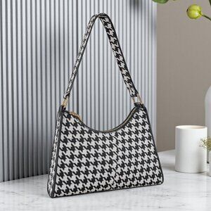 Trendy Houndstooth Shoulder Baguette Bag PU Leather Classic Black White